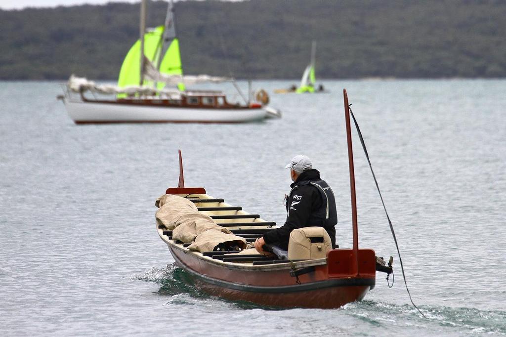 YNZ Regional Development Officer, Kim Admore in his coach boat - RS Feva launch - Wakatere Boating Club  November 10, 2013 © Richard Gladwell www.photosport.co.nz